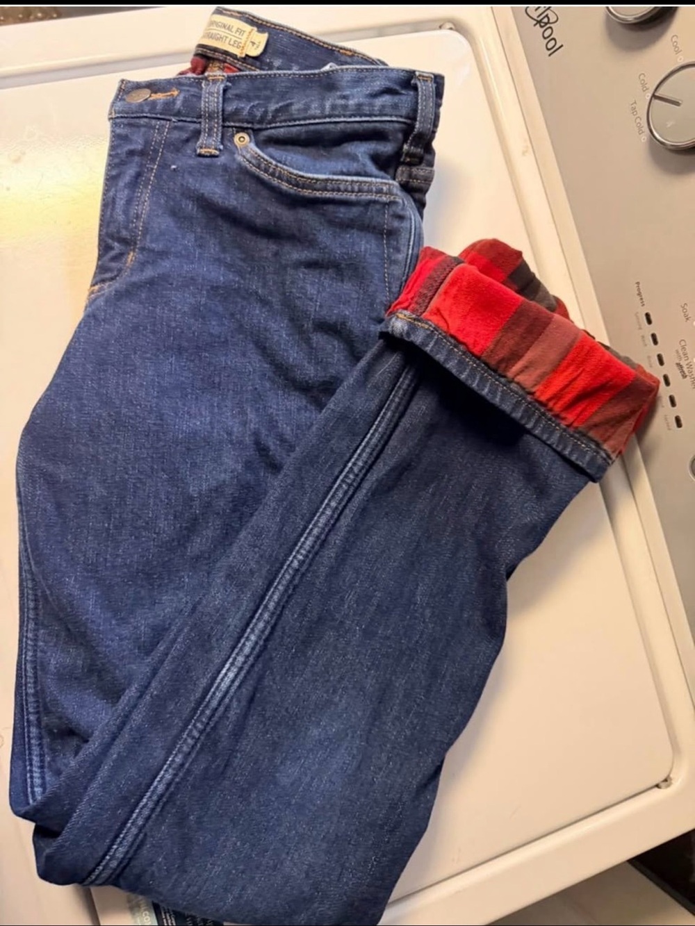 Carhartt Dark Blue Jeans with Red Plaid Cuff